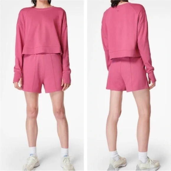 SWEATY BETTY Cropped Sweatshirt 12 Organic Cotton Athleisure Loungewear Gym Pink - Picture 11 of 12